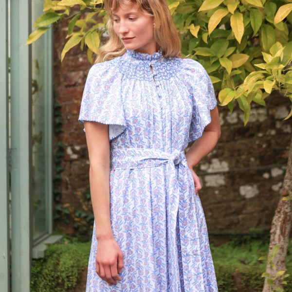 Colette Dress Passionflower Trellis with Delphinium Blue Hand Smocking